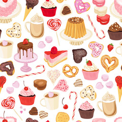 Cake Cupcake Macaron Donut Candy Latte coffee vector seamless pattern. Romantic bakery treats surface design. Valentines day desserts background.