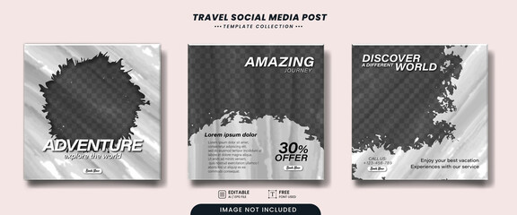 Set of editable travel sale social media banner post template with brush stroke