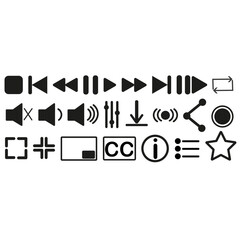 Media player icons set. Collection of multimedia symbols and audio, music speaker volume, interface, design media player buttons. Play, pause, stop, record, forward, rewind. Vector illustration