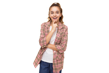 Photo of beautiful amazing happy shocked surprised brunette teenage girl with ponytail in stylish plaid jacket, white t-shirt and blue jeans isolated on white background with free space for text