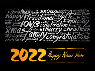 2022 year greeting word cloud collage, Happy New Year celebration greeting card