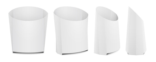 Blank empty disposable paper box for french fries. Set of various mockup views. Vector isolated realistic template illustration.
