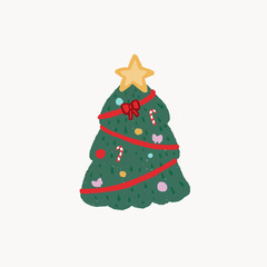 Illustration of cute cozy hand drawn Christmas tree