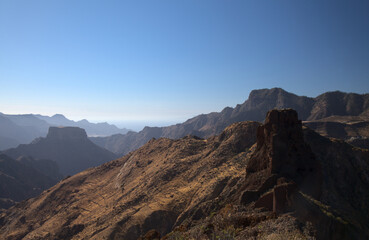 Gran Canaria, landscape of the central montainous part of the island, Las Cumbres, ie The Summits,
view from a rock formation Cuevas del Rey, King's caves
