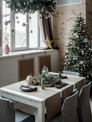 Modern design Christmas tree decorated with balls, toys and garlands. Christmas or New Year background. Winter holidays composition.