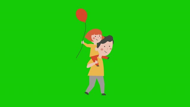 4k video of cartoon little girl with red balloon on her father's shoulder.