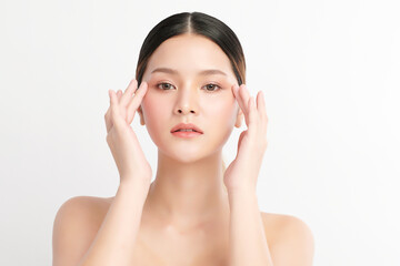 Beautiful young asian woman with clean fresh skin on white background, Face care, Facial treatment,...