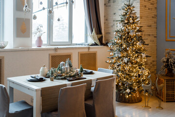 Modern design Christmas tree decorated with balls, toys and garlands. Christmas or New Year background. Winter holidays composition.