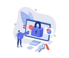 Character holding key, trying to unlock big lock and solve business problem or find another opportunities. Strategy, planning and success concept. Vector illustration.