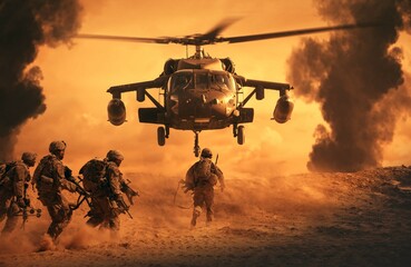 Military soldiers are running to the helicopter in battlefied