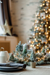 Modern design Christmas tree decorated with balls, toys and garlands. Christmas or New Year background. Winter holidays composition.