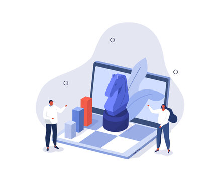 Characters Standing Near Laptop With Chess Board On It And Moving Horse Figure. Business Competition, Leadership And Strategy Planning Concept. Vector Illustration.