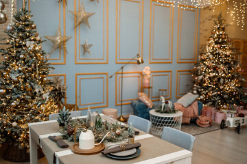 Modern design Christmas tree decorated with balls, toys and garlands. Christmas or New Year background. Winter holidays composition.