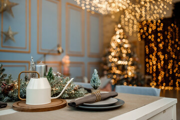 Modern design Christmas tree decorated with balls, toys and garlands. Christmas or New Year background. Winter holidays composition.