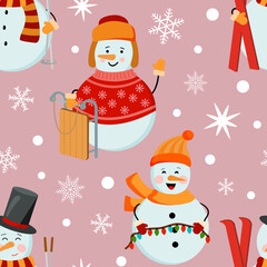 Holiday cartoon winter snowmen seamless pattern with red skis, sled, lights on pink background, Perfect for wrapping paper, background, Christmas and New Year greeting cards.