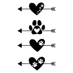 Paw print of dog or cat, heart and arrows. Phrases about pets. Dog lover quotes. Animal love symbol paw print. Vector illustration. Isolated on white background. 
