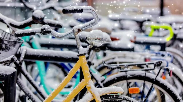 bike in snow after high snowfall in Europe.