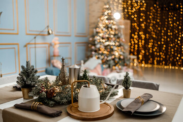 Modern design Christmas tree decorated with balls, toys and garlands. Christmas or New Year background. Winter holidays composition.