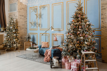 Modern design Christmas tree decorated with balls, toys and garlands. Christmas or New Year background. Winter holidays composition.