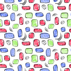 Colorful scribbles seamless pattern on white background. Color blocks, sketch, drawing. Red, green, blue hand drawn squares repeat print for textile, fabric, wallpaper, wrapping paper, design, decor.
