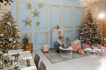 Modern design Christmas tree decorated with balls, toys and garlands. Christmas or New Year background. Winter holidays composition.