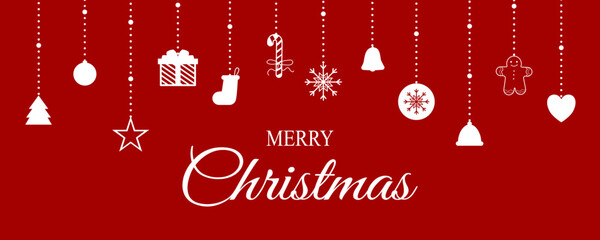 Christmas elememts hanging white isolated on red background.