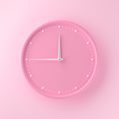 Pink dial of wall clock with white hands. Round watch. Minimal background. 3d rendering..