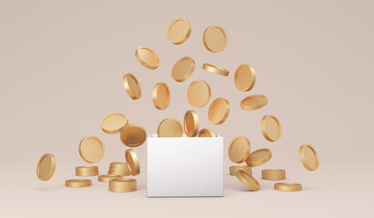 3D Rendering of money coins explode from a box on background concept of donation, money jar, savings.  3D Render illustration.