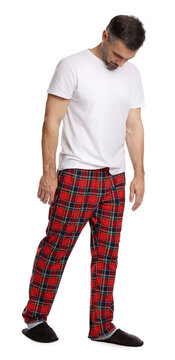 Man in sleepwalking state on white background