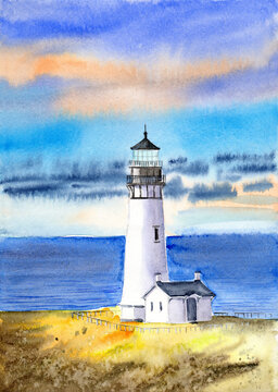 Watercolor illustration of a landscape with Yaquina Head Lighthouse on a grassy shore under a colorful sky and blue ocean in the background