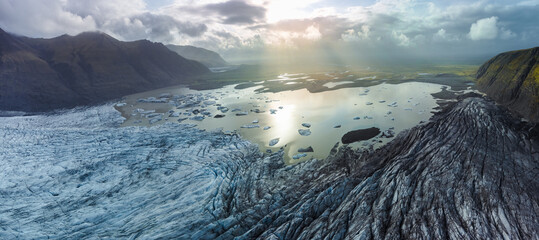 Spectacular glacier tonge end top wide panoramic view