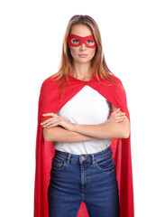 Confident woman wearing superhero cape and mask on white background © New Africa