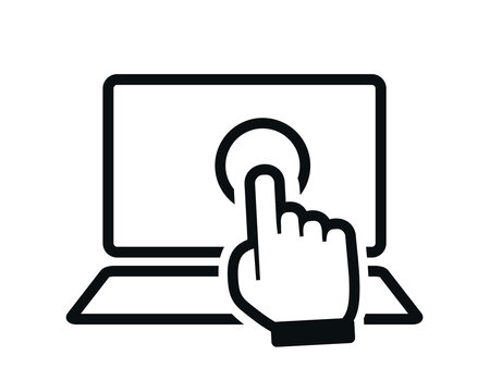 Laptop with hand, finger clicking. Push button, touchscreen. Illustration vector