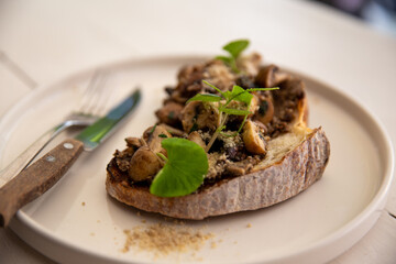 Closeup of mushroom bruschetta decorated with leaves of fresh basil on white plate