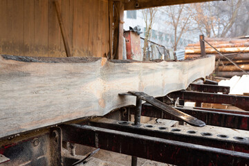 Timber material processing and cutting at sawmill. Sawing machine at wood production factory.