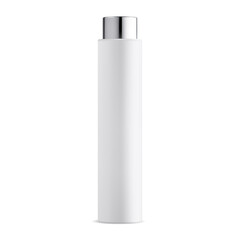 Tubular shampoo bottle. Tall cylinder cosmetic bottle mock up. Realistic white lotion packaging design with silver cap. Liquid gel flask, glossy vector template. Cosmetic lotion product blank