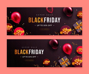 Set of black friday horizontal sale banner with realistic glossy balloons, gift box and discount text. Vector illustration