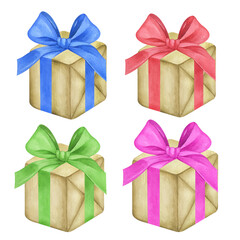 Watercolor colored gift box isolated on white background.