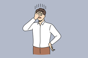 Feeling stressed and sleepy concept. Young man cartoon character standing covering face with hands feeling exhausted at work vector illustration 