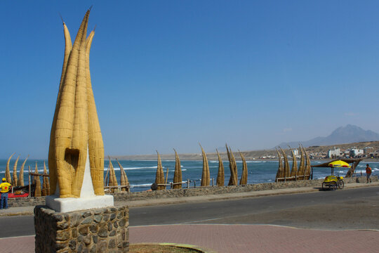 Monument of "Caballitos de Totora" in Huanchaco Beach, Trujillo, Peru - January, 2016