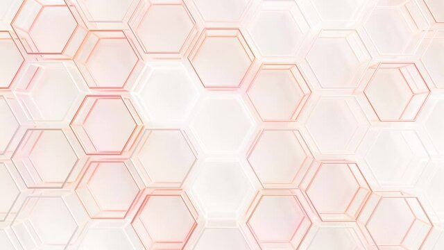 Wire Hexagons Array Loop 1 Rose Gold x White. Minimal hexagonal grid pattern, random waving motion background. Flashing white and orange pink mix color. Seamless loop.  
