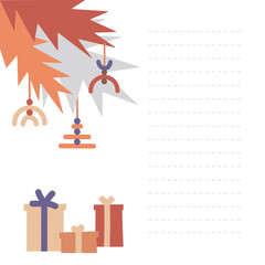 Vector illustration. New Year's letterhead. A branch of a Christmas tree with decoration and boxes with gifts. Boho colors. for congratulations, for a notebook, for printing..Flat style.