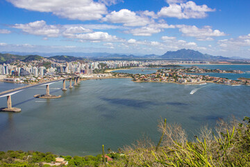 View from "Morro do Moreno" in Vila Velha city to Vitoria City,  Vitoria Bay and blue sky