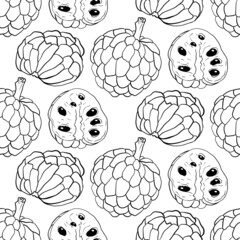 Vector hand drawn seamless pattern of cherimoya. Sugar apple pattern. Tropical objects. Use for restaurant, menu, smoothie bowl, market, store, party decoration, meal.