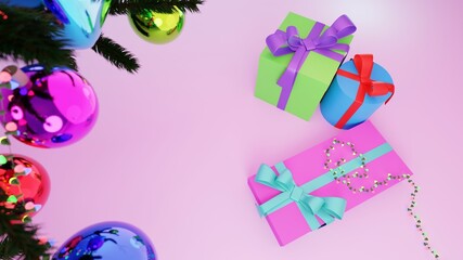 christmas gifts garland and christmas tree on pink background top view. 3d