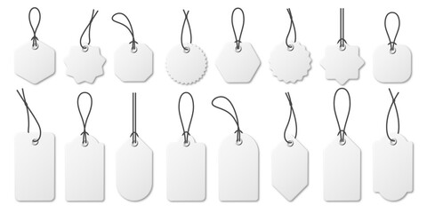 Realistic white price tags collection. Special offer or shopping discount label. Retail paper sticker. Promotional sale badge. Vector illustration.