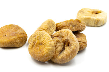 Dried figs isolated on white background. Tasty snack figs. Close up