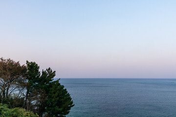 The sun is setting, the sky, the sea, the trees.