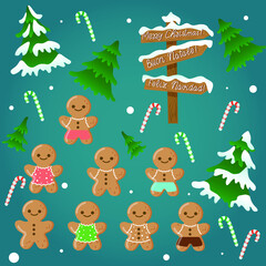 christmas stickers set on turquoise background. christmas pine tree, road marker, snow, gingerbread boy and girl, candy canes illustration