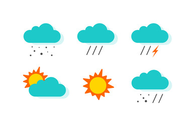 Forecast weather meteo icons set vector with rain, snow, sun and thunderstorm meteorology symbols flat cartoon illustration isolated on white